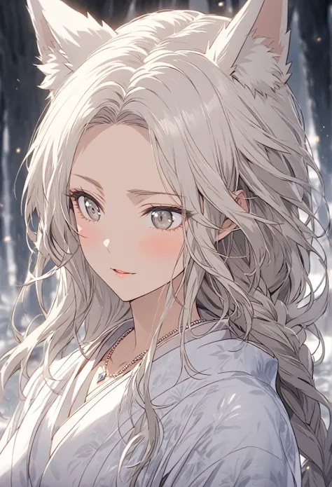 Portrait ((Motherly expression)) ((Alone)) Create an anime-style image of Aiko, an elegant fox girl with a graceful aura. She has long, white hair styled in a side braid, soft, fluffy fox ears, and light grey eyes that radiate warmth and kindness. Black co...