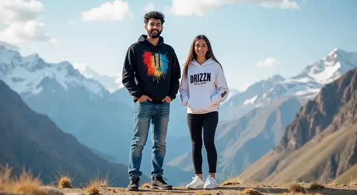 Create landscape image of 23 year old young Pakistani boy with beard and Girl with smile standing on a nanga parbat Pakistan. Boy is wearing a Colorful Print Hoodie in black color and Blue jeans and Black Shoes. Girl is wearing a White Printed Hoodie with ...