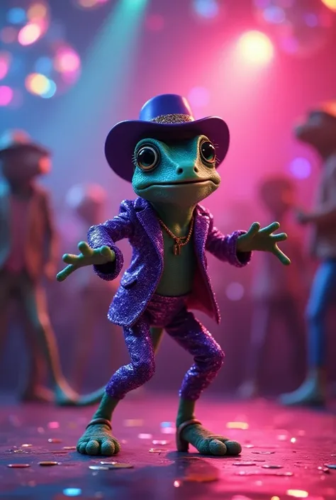 A Disney-style disco dancing chameleon in a purple costume