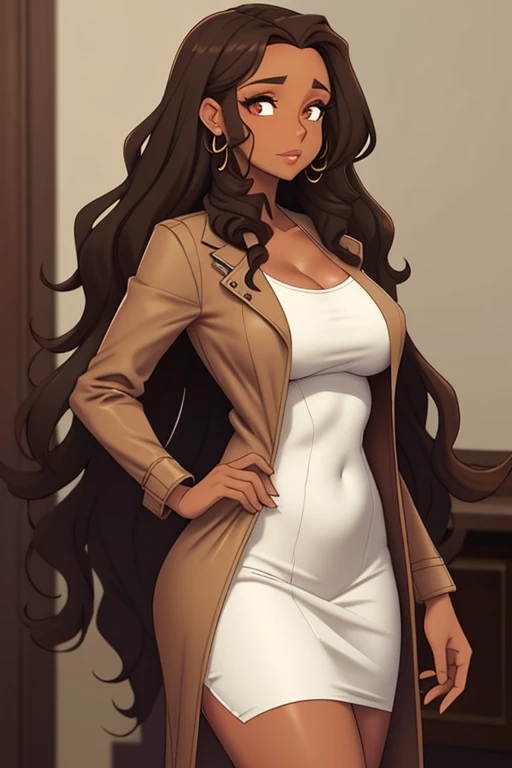 art by kipteitei, 1girl, fashion, long brown curly hair, dark tanned skin, moroccan girl, super wavy hair, brown leathee jacket, white dress