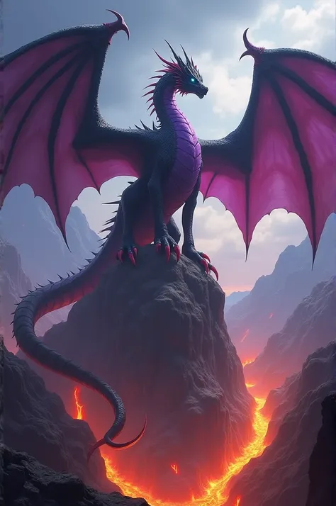  A giant dragon , standing, on top of a mountain,  with rivers of volcanic lava ,  and with large black and violet wings,  with blossoming blue eyes , and red nails ,  spewing flares of fire , 