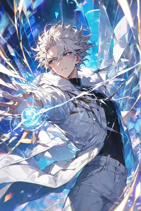 Cracked screen , Male, White-Gold Hair, White Coat, Thin, Long Pant,High-angle shot, telekinesis,performance, relaxed look