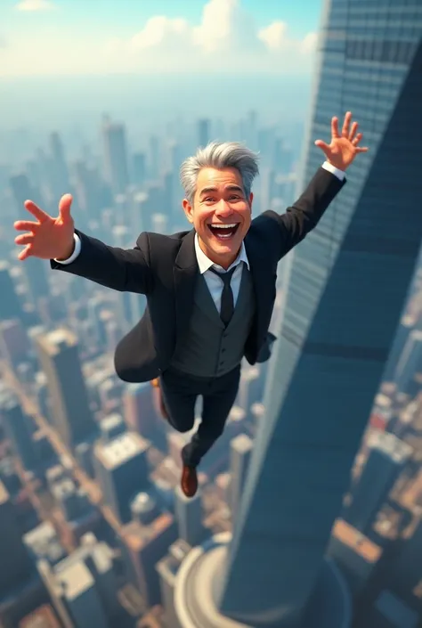  A Dreamworks-style poster featuring a smiling young man with gray hair who wears an elegant suit, falling from a very tall building 