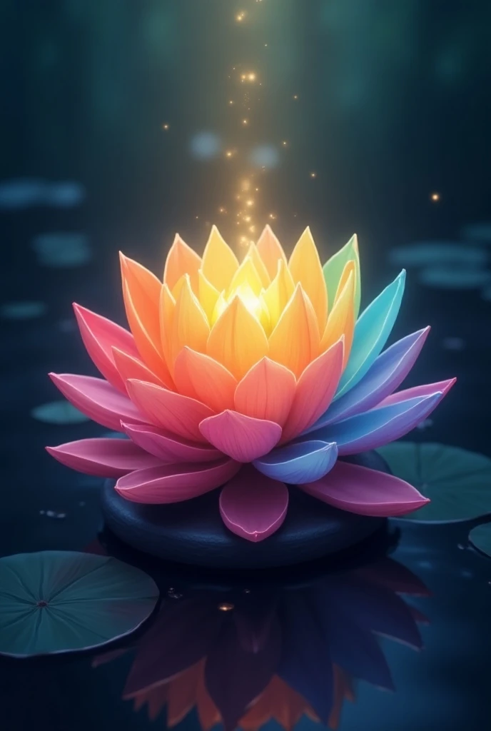  A magical anime-style lotus flower ,  in a central and detailed position , with flat base,  each petal must be a vibrant color of one of the following colors: red, orange, yellow, green, blue, indigo, Violet.  The petals are arranged in a harmonious patte...