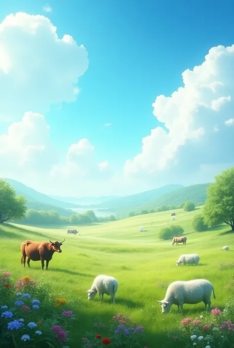 A hyper-realistic surreal landscape with a vivid blue sky, pristine white clouds, and a meadow teeming with life, including cows and sheep, all under a layer of soft, dreamlike mist

A hyper-realistic 