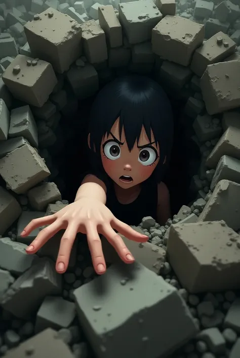 Girl Stuck under a rubble of fears animation. Show just an eye and a hand held out for
Help.
