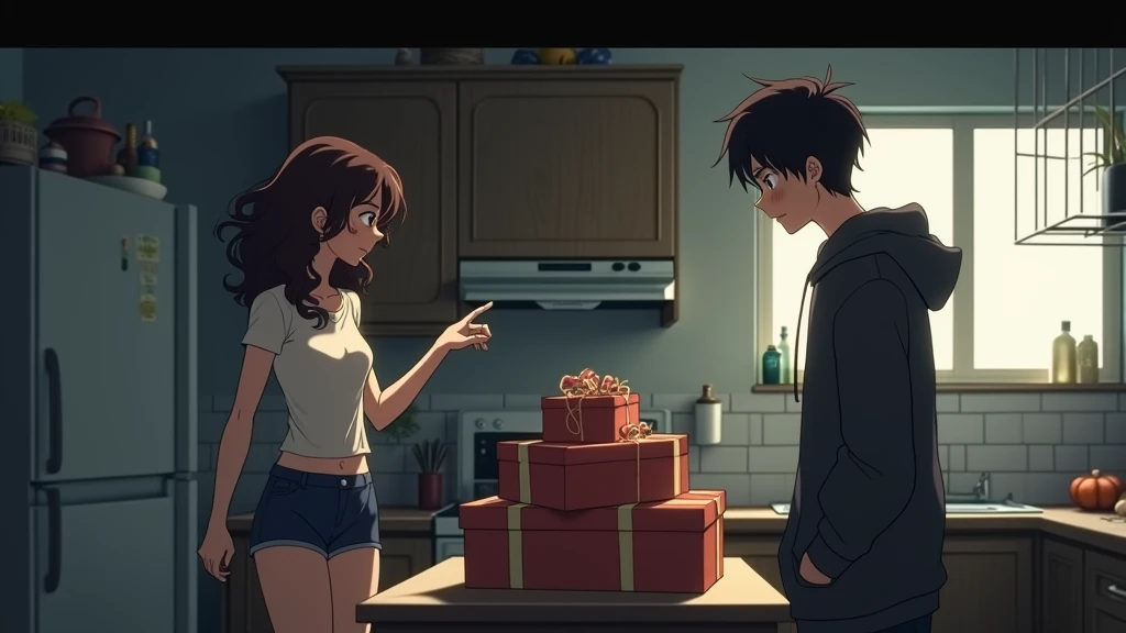 anime style: Incredibly realistic and highly detailed, anime cinematic photo of very beautiful woman in her 30s
Character A (a woman in her 20s, with curly hair, wearing a casual t-shirt and shorts) and Character B (a man in his 20s, with glasses and a hoo...