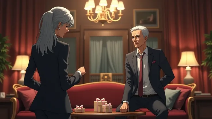 anime style: Incredibly realistic and highly detailed, anime cinematic photo of very beautiful woman in her 30s 
Character A (a woman in her 50s, with silver hair, wearing a formal suit) confronting Character B (a man in his 50s, with a clean-shaven face, ...