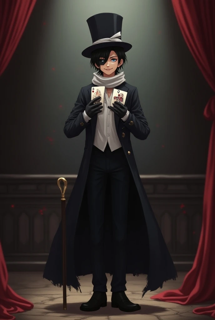 Tall boy [1.57mts ], short black hair, top hat a white ribbon that holds two cards , one of the cards has an X and the other has an O marked ,She wears a broken mask on her face , Mascari has a smile drawn, the boy has brown skin , the eye that is not cove...