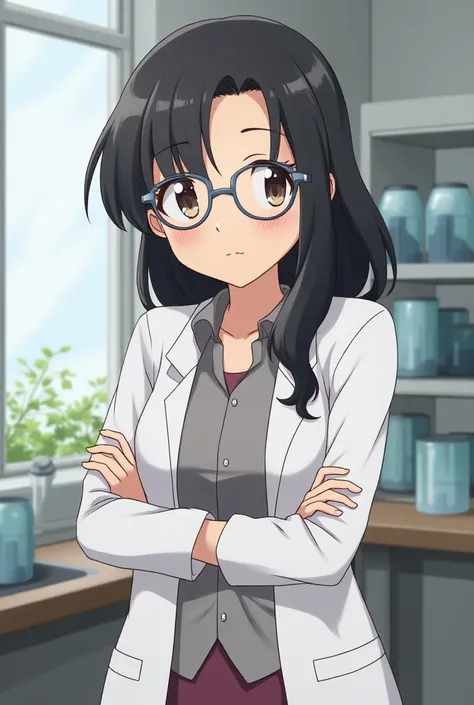 Jessie from Pokemon, adult,  loose hair ,busty, wear square glasses,  Scientific,  Laboratory