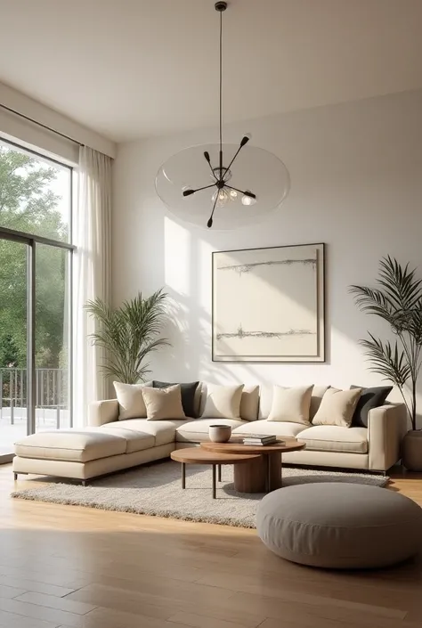 "A spacious, airy living room with a plush, sectional sofa in soft beige, complemented by sleek wooden coffee tables and subtle metallic accents. A contemporary floor lamp and a minimalist chandelier hang above, providing warm light. The walls are painted ...