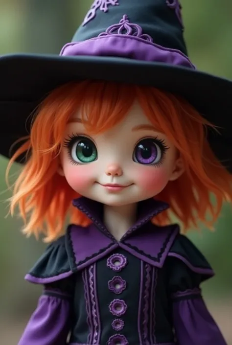  A purple and black witch hat with white details,  little medieval dress with purple details with black , orange hair,  eyes with heterochromia ,  One green eye and another purple , appearing to be 10 years old , An innocent smile,cute and cheerful ,  eye ...