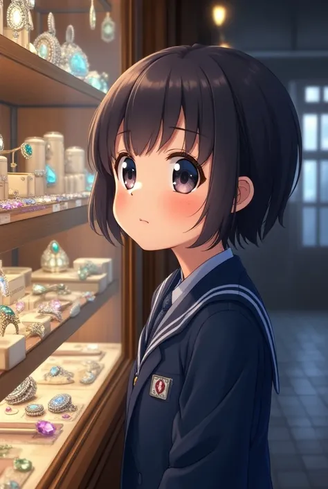 Anime a schoolgirl in a navy blue uniform who makes big eyes in front of a jewelers window 