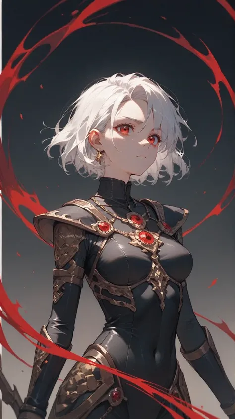 (( Best Quality)), (( Masterpiece)), ( Details), 1 girl, Short white hair, Red eyes, Black Gold Plated Tight Bodysuit, Black Ring