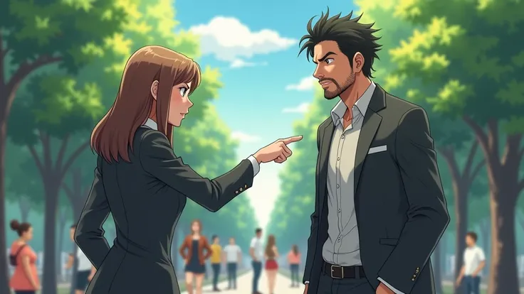 anime style: Incredibly realistic and highly detailed, anime cinematic photo of very beautiful woman in her 30s 
Character A (a woman in her 40s, with light brown hair, wearing a business suit) and Character B (a man in his 40s, with a beard, wearing casua...