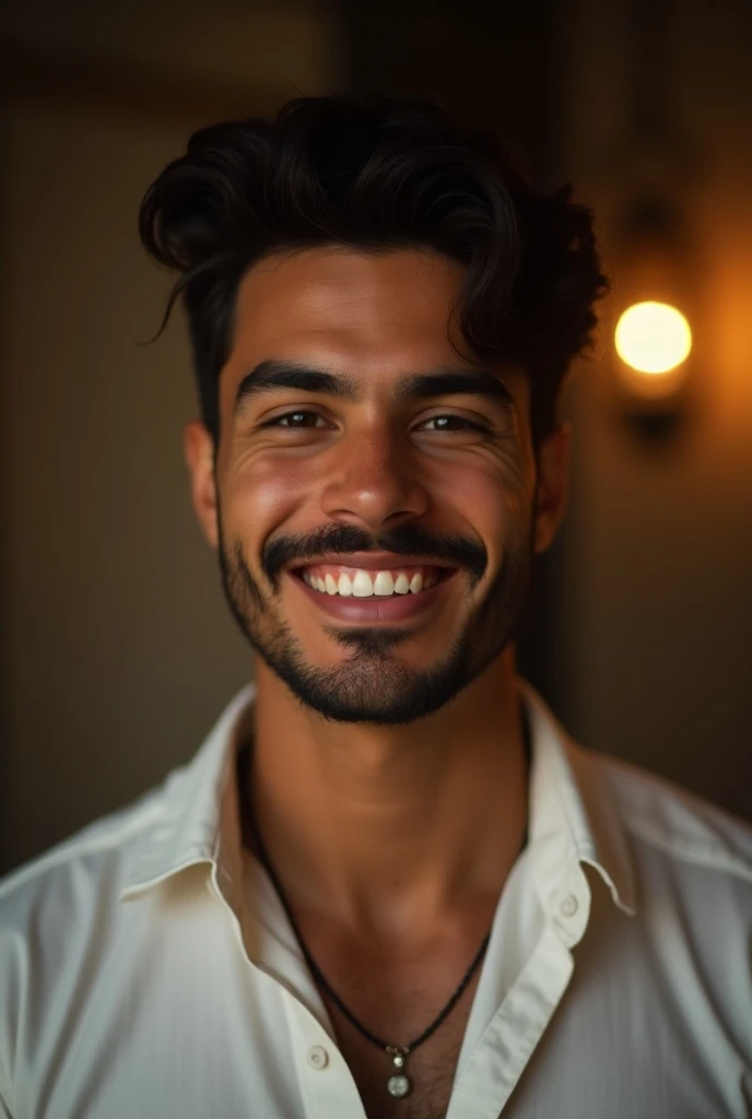 handsome man, caucasiano,jovial, asymmetrically perfect face ,neat black hair , charming smile ,perfect teeth, passionate smile, shiny brown look ,with a passionate and sweet look ,modern clothes,white and delicate wool blouse, twenty years old , in the ba...