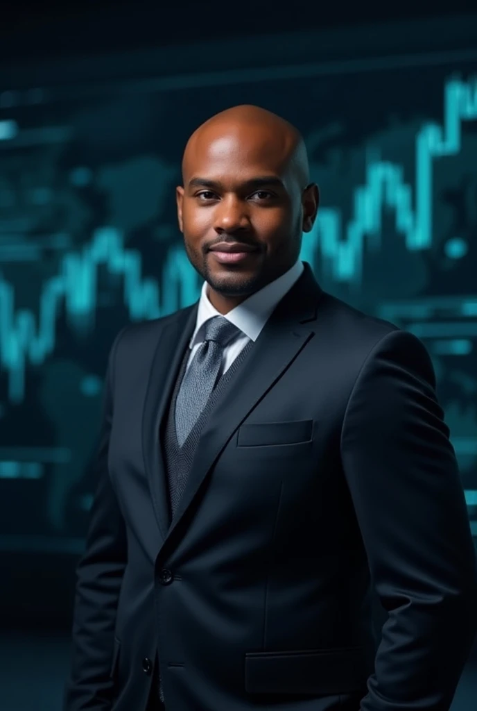 Portrait of a Black man with a clean-shaven head, dressed in a professional suit, standing confidently. The background has a modern financial theme with subtle indicators of global finance, such as line charts, currency symbols, or a digital map, represent...