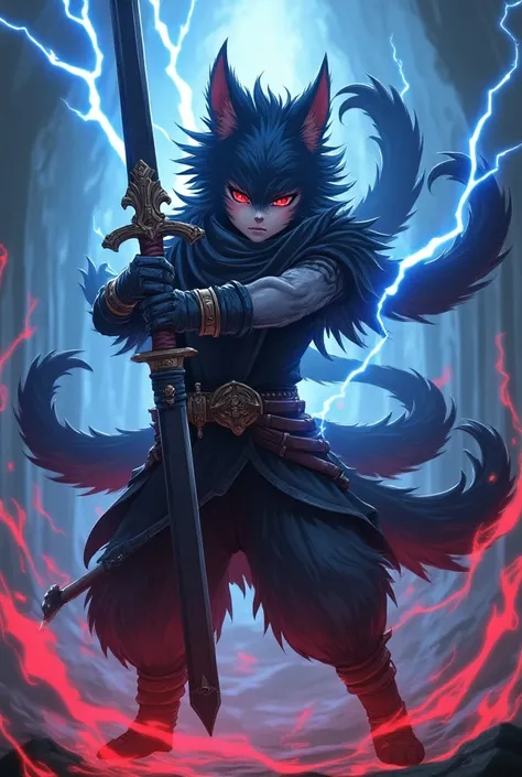 Anime Dog faced teen blue and red Aura with lightning 9 tails and a big sword. 