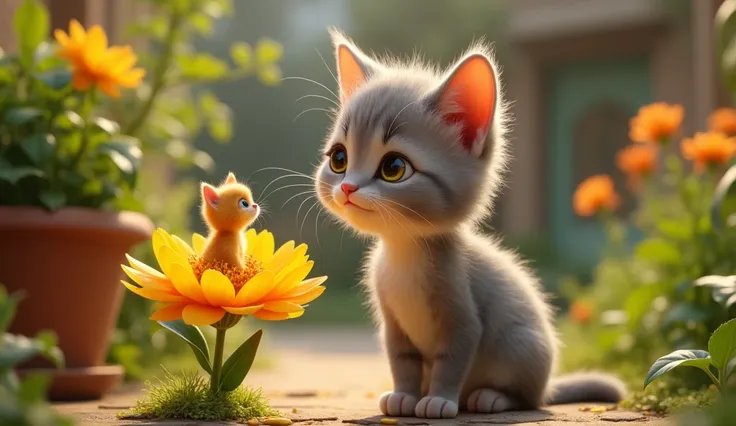 pixar style, Mel a beautiful kitten with bright eyes and gray fur expressive feline features, looking at just a golden flower where on top of this golden flower there is a small, fluffy and shiny golden kitten in the middle of other plants in the garden of...