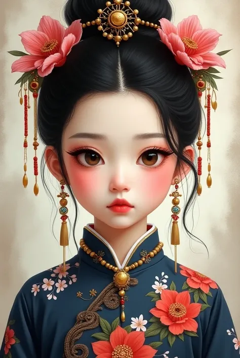 A highly detailed digital painting depicts a young girl with an intense, focused expression, looking directly at the viewer from a frontal angle. Her face is centered in the composition, featuring large, expressive eyes with dark brown irises and thick eye...