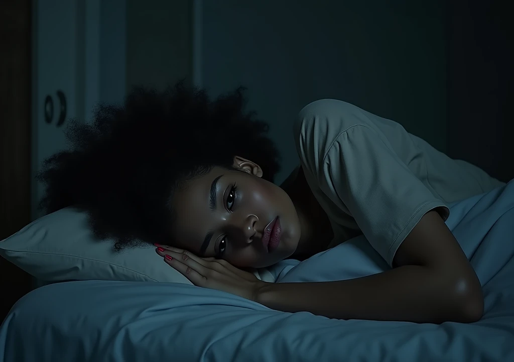  Mulatto woman lying on the bed in a dark room with a hidden shadow.  fear.  insomnia .  sombrio 