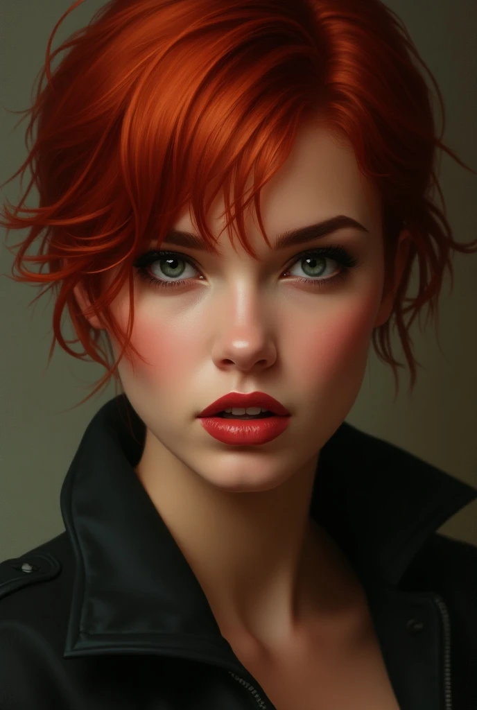 Face of a redheaded woman with short hair ,  big lip with a persistent look 