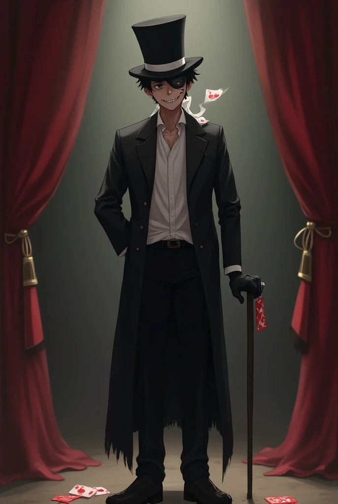 Tall boy [1.57mts ], short black hair, top hat a white ribbon that holds two cards , one of the cards has an X and the other has an O marked ,She wears a broken mask on her face , Mascari has a smile drawn, the boy has brown skin , the eye that is not cove...