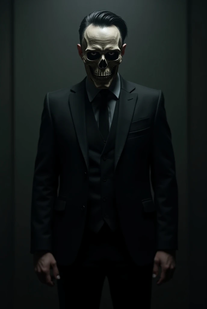 Create a man anime black suit black hair and skull mask