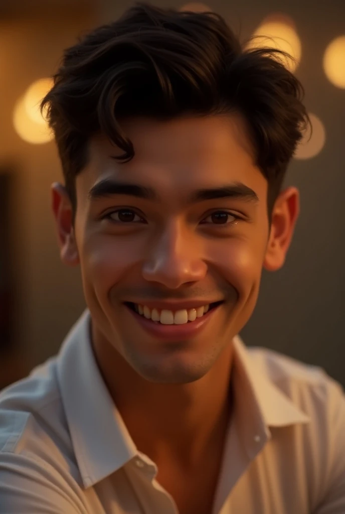 handsome man, caucasiano,jovial, asymmetrically perfect face ,neat black hair , charming smile ,perfect teeth, passionate smile, shiny brown look ,with a passionate and sweet look ,modern clothes,white and delicate wool blouse, twenty years old , in the ba...