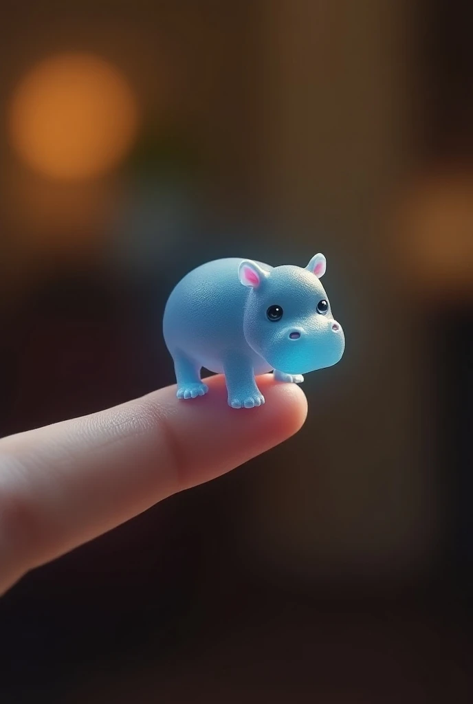 A realistic photograph of an incredibly tiny, glowing hippopotamus perched gently on a person’s fingertip. The hippo’s skin has a radiant, slightly magical bluish-gray glow, with soft light reflecting off its smooth, rounded body. It has large, round eyes ...