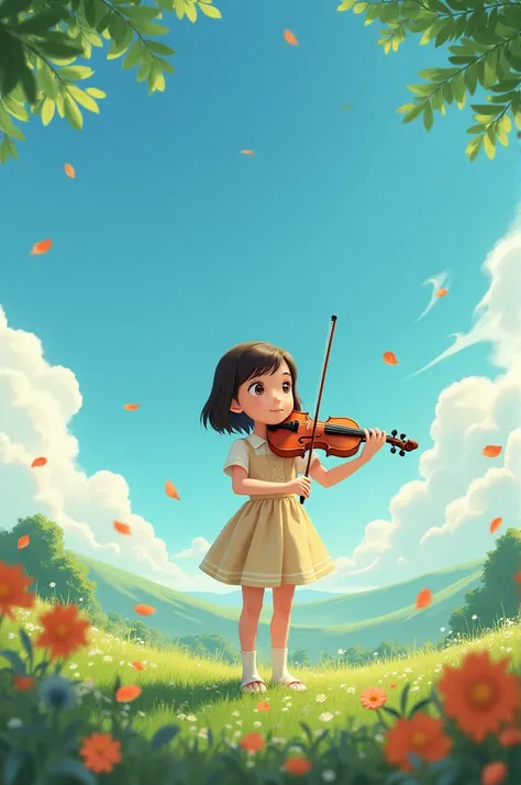  a cute girl , height 5.1 , playing violin, short hair , in the style of ghibli type animation. 