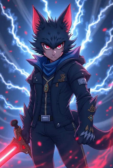 Anime Dog cute but serious faced teen furry blue and red Aura with lightning 9 tails and a big sword. 