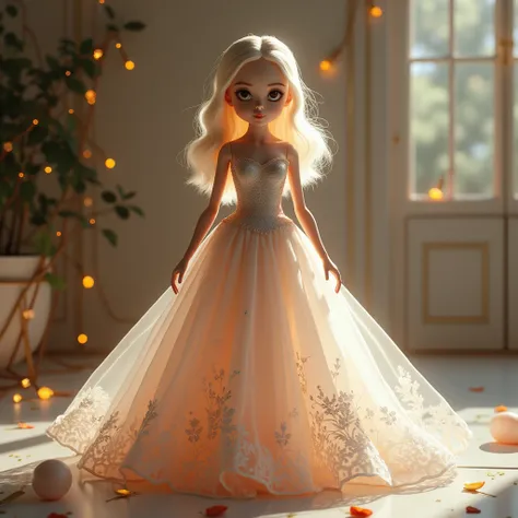 A sleek, modern doll with a touch screen interface on its chest. The doll is wearing a simple, yet elegant dress, but with the touch of a button, the dress transforms into a stunning ball gown. The dolls hair and makeup also change to match the new outfit,...