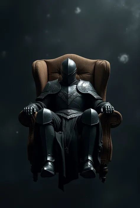 A knight in medieval metallic black full body armor rests in a padded armchair that floats in the cosmic universe