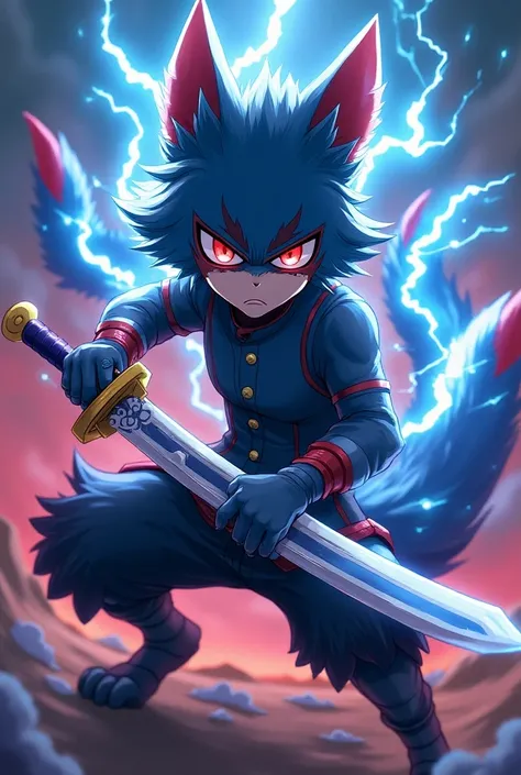 Anime Dog cute but serious faced teen furry blue and red Aura with lightning 9 tails and a big sword. 