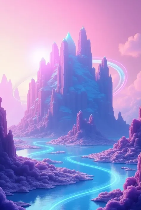 a square planet, blue superficie, pink sky, purple rivers. with crystal mountains, crystal planet rings, 