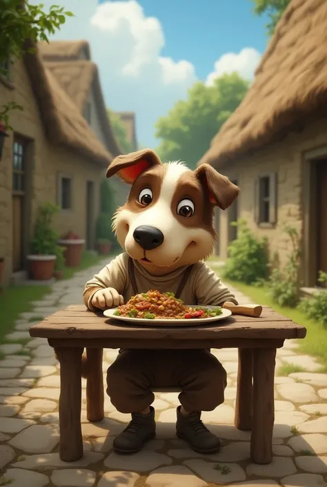 A normal  village boy with dog head eating food 