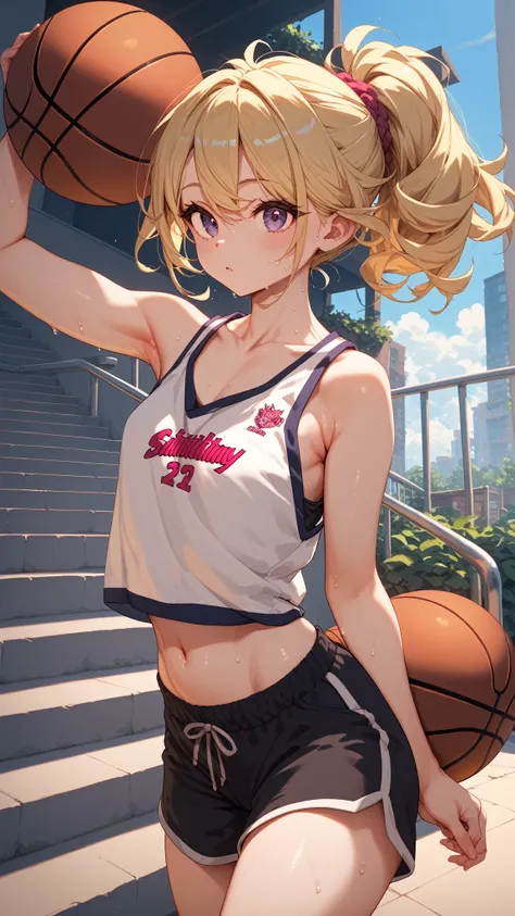 masterpiece; best quality; cute slim sporty girl, 14 years old, blonde fluffy hair,  runs down stairs in the city in a black basketball outfit that is too big for her, shorts, tanktop, sweat