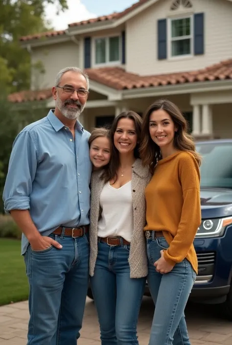 Two daughters in this familyThis photo captures a joyful, close-knit American family of four standing proudly in front of their beautiful, newly purchased home with a sleek Range Rover nearby. The father, a retired police officer in his early sixties, spor...