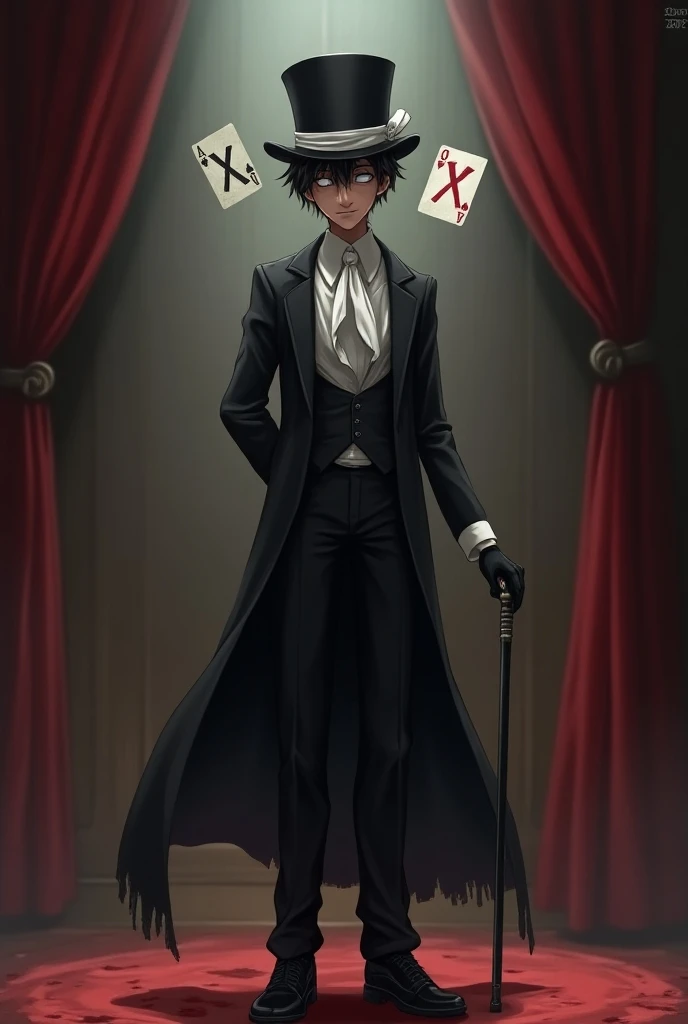 Tall boy [1.57mts ], short black hair, top hat a white ribbon that holds two cards , one of the cards has an X and the other has an O marked ,She wears a broken mask on her face , Mascari has a smile drawn, the boy has brown skin , the eye that is not cove...