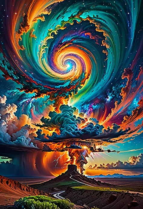  Create in 8K quality based on the description of the image : " Surreal cosmic spectacle :  An explosion of heavenly colors in a turbulent sky ,  with swirling clouds forming a dramatic vertical swirl . in the center,  a pillar of golden light rises from t...