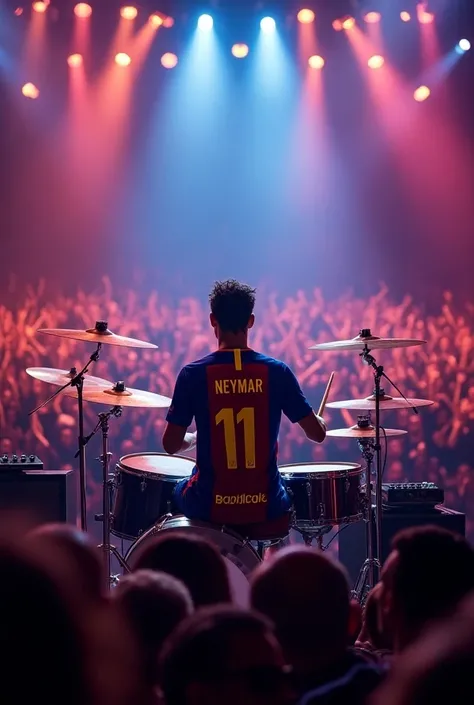 Neymar wearing the Barcelona jersey at a concert playing drums 