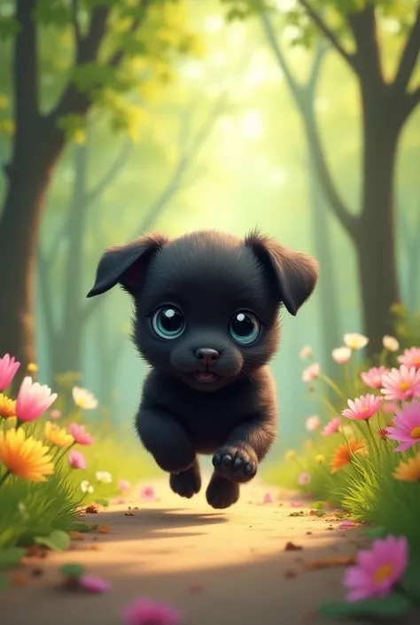 Create an illustration of a very cute puppy with only dark fur and blue eyes running in front of a park full of flowers, Running around the trees amazed 