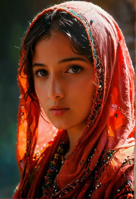 arafed woman in a red head scarf and a red scarf, afghan girl, very beautiful portrait, beautiful iranian woman, very beautiful girl, innocent look. rich vivid colors, traditional beauty, very beautiful face, color photograph portrait 4k, beautiful young g...