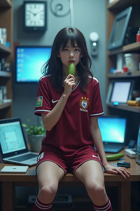 Create a image of a long haired soccer player dressed in the color maroon eating a pickle with electronics 