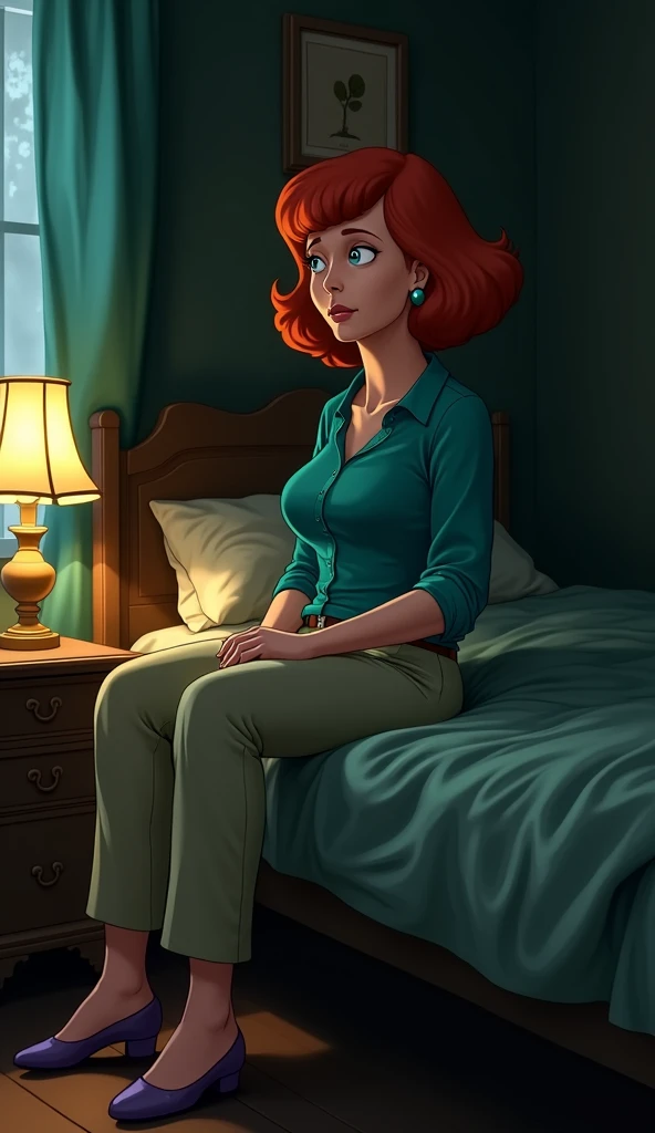 "A dark fantasy version of Lois Griffin sits relaxed on the edge of her worn, dark bed in a dimly lit, gothic-inspired bedroom with dark green curtains and an old lamp. She has a slightly oversized head, wearing a simple teal blouse with rolled-up sleeves ...