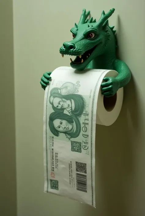 Toilet paper roll with printed Chinese banknotes, on a paper holder on the wall in the form of a naked girl with a green dragon head, on the wall of the toilet room, realistic, high resolution, high detail, ISO 100 64k, cinematic, backlight