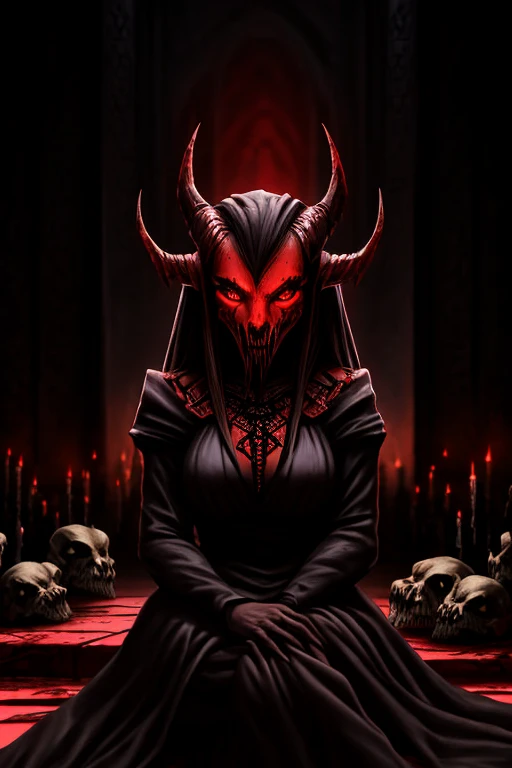 (Dark lighting, sharp shadows, photorealistic, high detail, hyperrealistic, sharp focus). Archdemon woman with detailed eyes, evil eyes and demonic horns. She is sitting in front of a pile of skulls in the eerie atmosphere of the blood-stained comcombs. Sh...