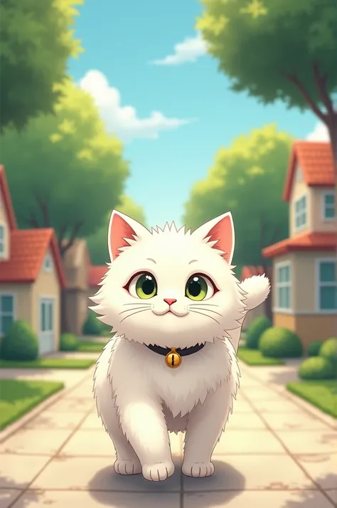 A white cat is coming home from school
