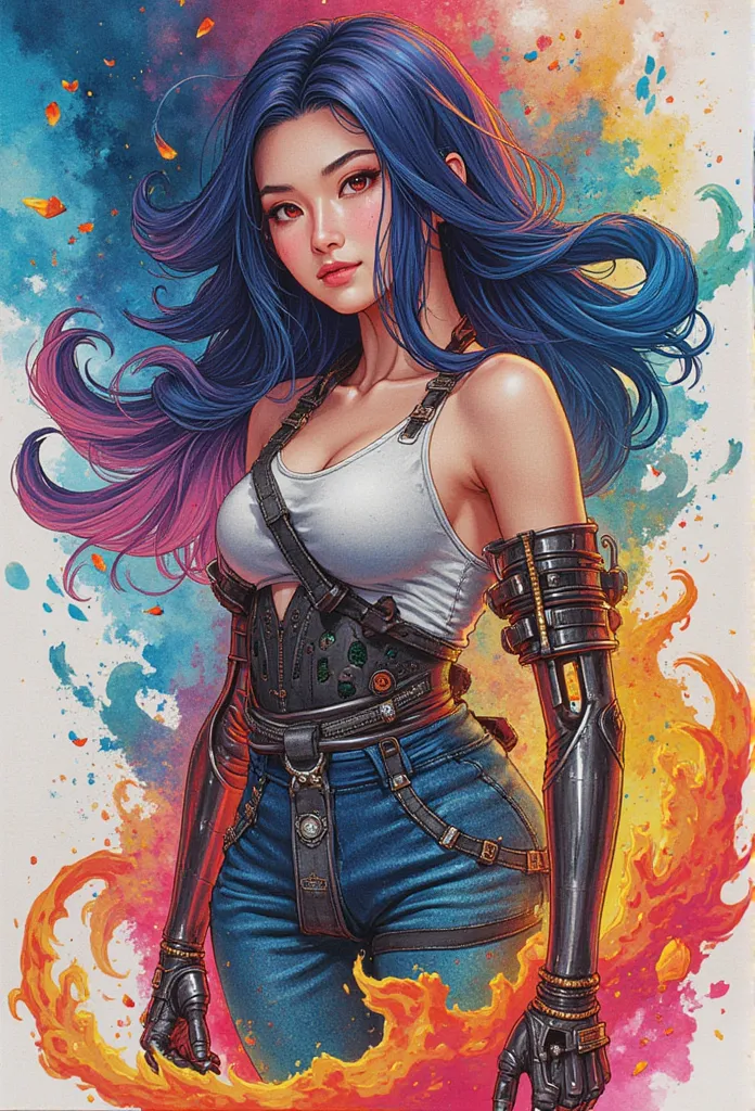 highly detailed highly realistic, best quality masterpiece, full watercolors, all colors -haired  em linda sexy leona + girl ior...